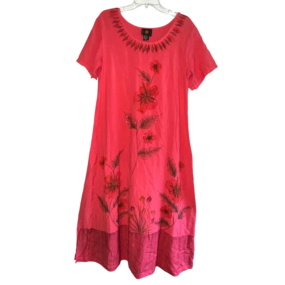 Raya Sun Pink Hand Painted Floral Beaded Cotton Rayon Midi Dress Womens XL